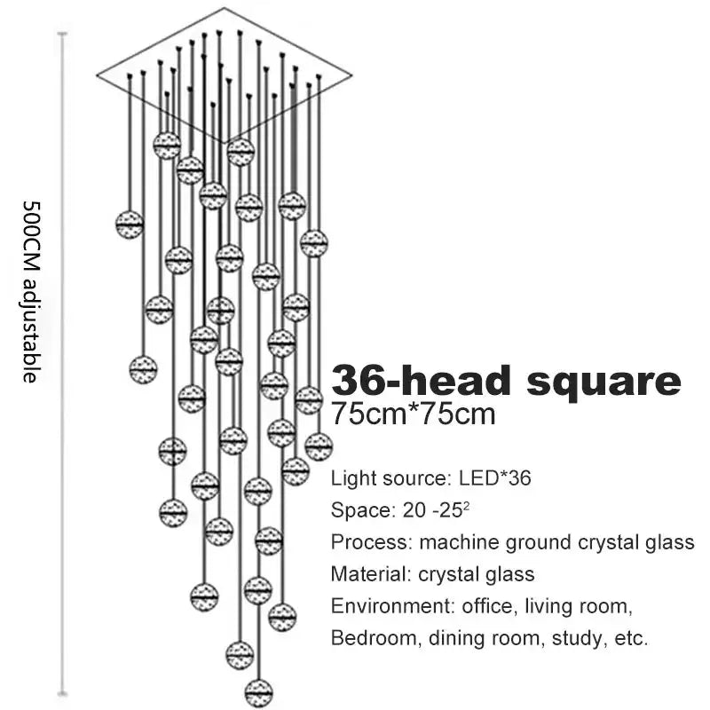 Modern crystal ball led chandelier with 36 heads featuring machine-ground crystal glass spheres for living room decorbites decor
