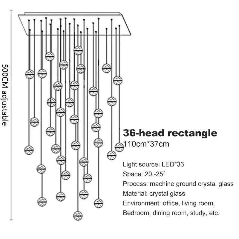 Modern 36-head rectangular crystal ball led chandelier with clear glass for living room decorbites crystal ball decor