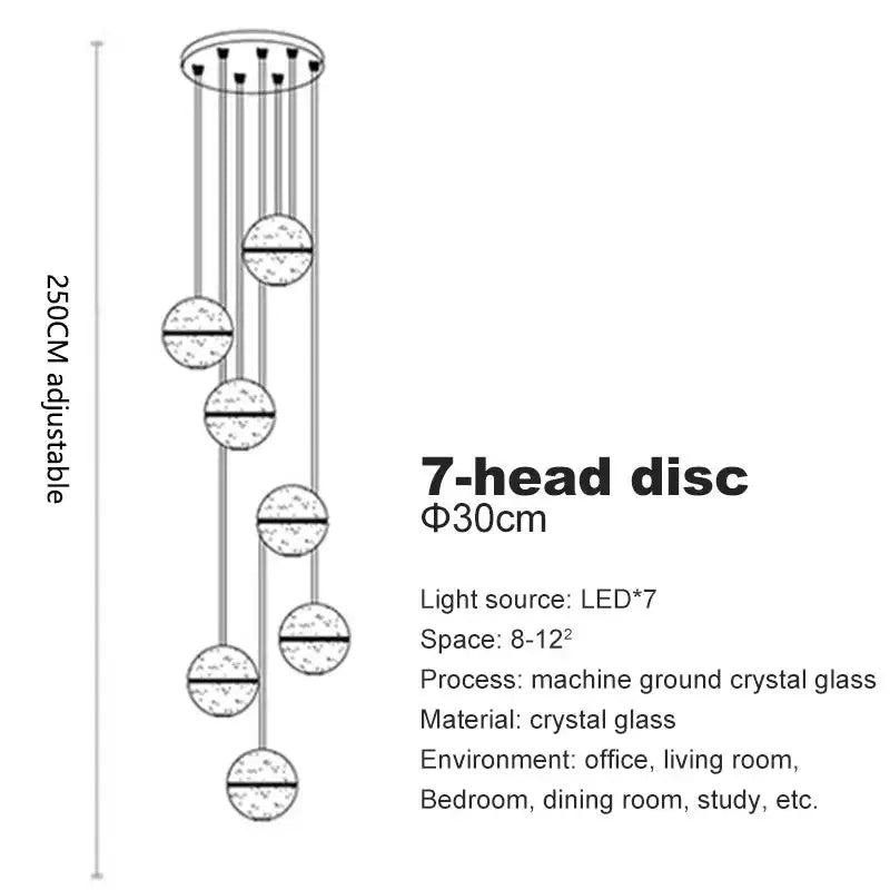 A modern 7-head disc chandelier with crystal glass discs and slender rods for living room decorbites crystal ball led