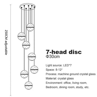 A modern 7-head disc chandelier with crystal glass discs and slender rods for living room decorbites crystal ball led