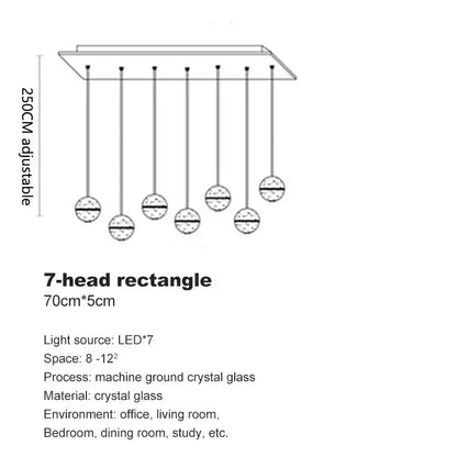 Modern crystal ball led chandelier with seven spherical glass bulbs and adjustable cords for living room decorbites crystal ball