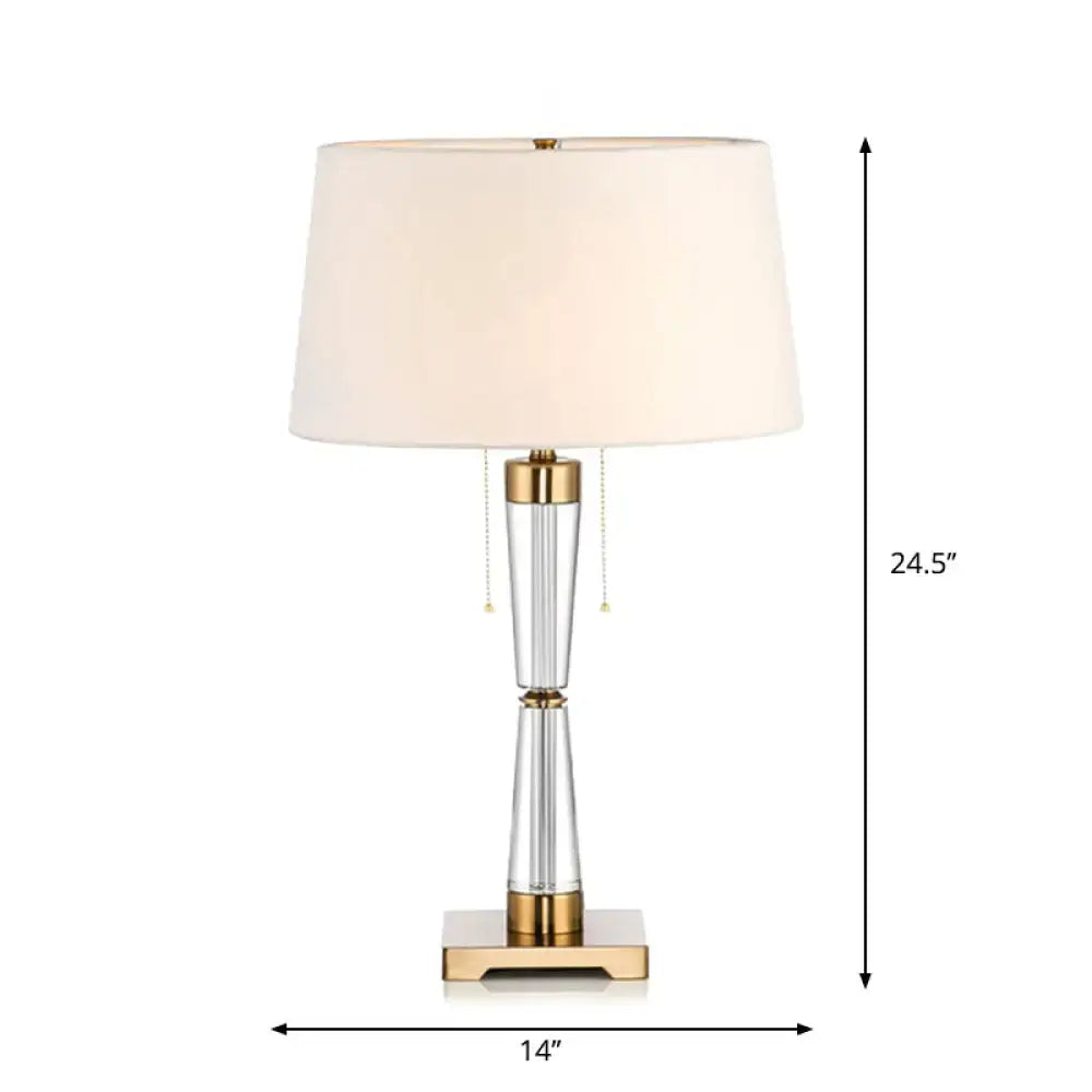 Elegant DecorBites™ table lamp with crystal base, cream fabric drum shade, gold accents, suitable for 110v-120v and 220v-240v
