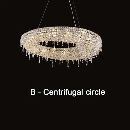 Modern crystal bird nest chandelier with circular design and teardrop crystals illuminated by warm lights for dining room