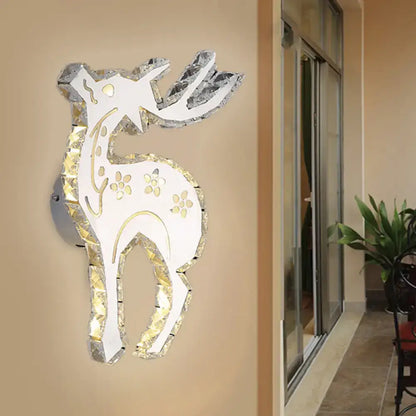 Modern crystal block elk wall sconce with white led warm white light featuring gold floral patterns and mirrored glass accents