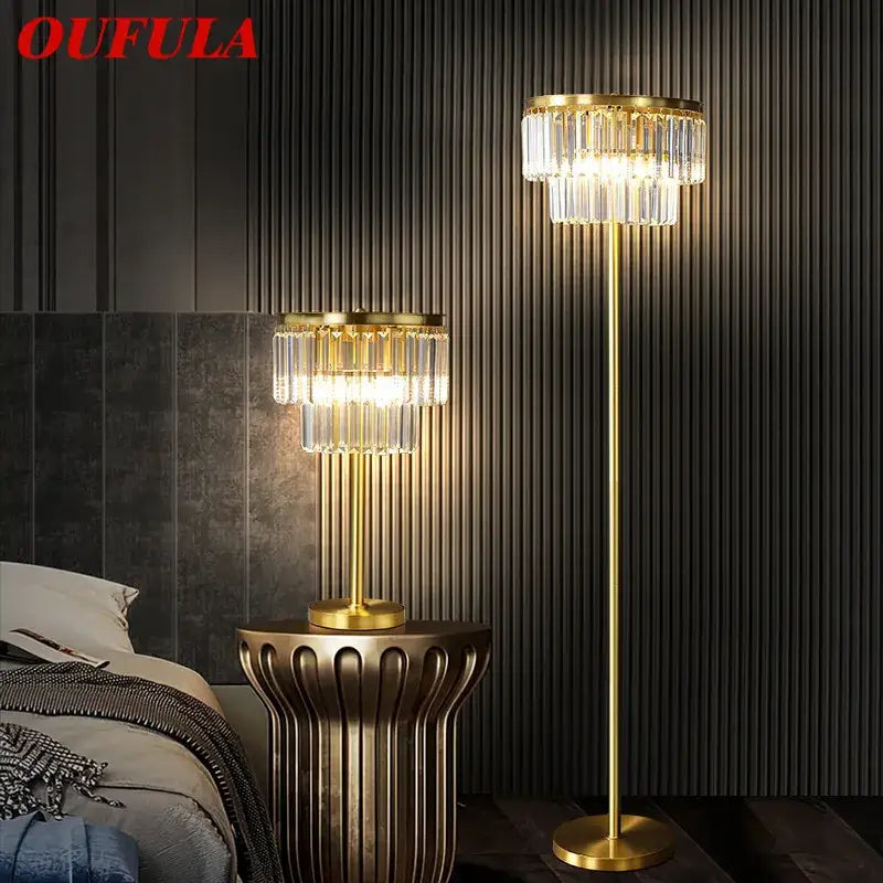 Gold finished decorbites crystal brass floor lamp and table lamp with cascading crystal tiers for modern living room decor