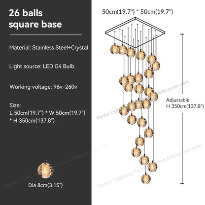 Modern pendant light with 26 crystal bubble ball glass spheres and led g4 bulbs suspended from stainless steel base
