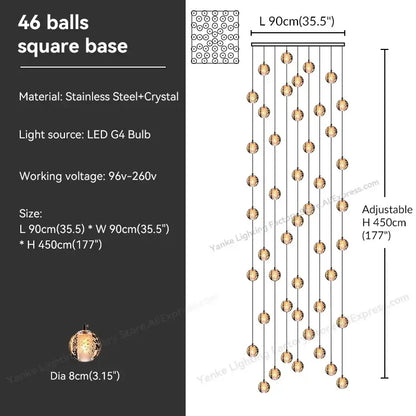 Modern crystal bubble ball pendant light with 46 warm glowing spherical balls from a stainless steel base decorbites crystal bubble