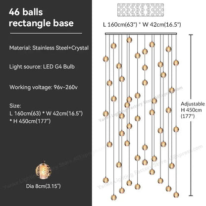 A modern rectangular stainless steel pendant light with 46 crystal bubble balls for dining room decorbites crystal bubble