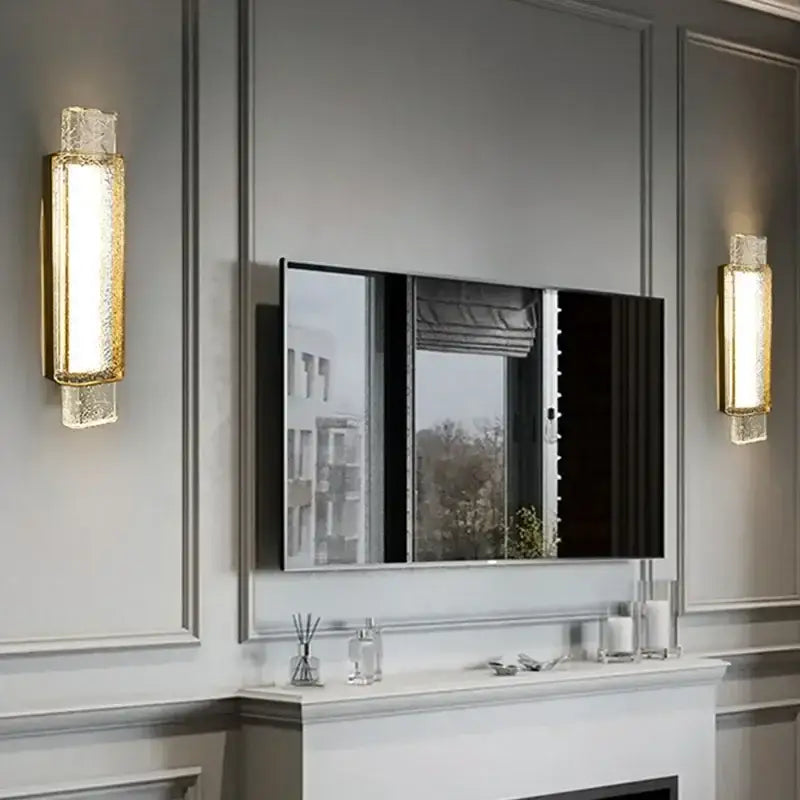 Gold-toned rectangular decorbites crystal bubble wall lamp with textured translucent glass panels for luxury bedroom decor