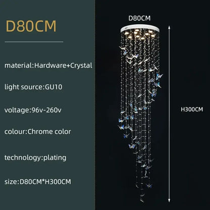 Chrome-plated modern crystal butterfly pendant light with decorbites crystals pendant cascading from circular base