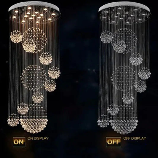 Modern crystal chandelier by decorbites featuring cascading clear glass beads and spherical crystal clusters for living room decor
