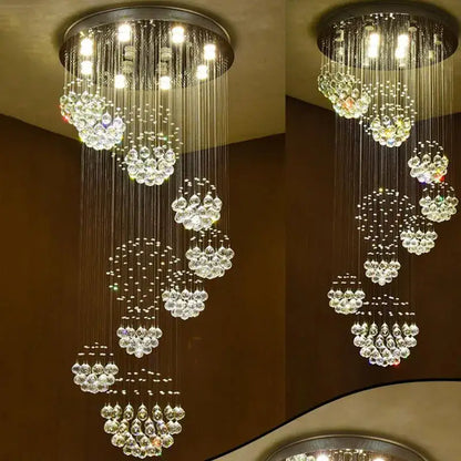 Modern crystal chandelier with cascading tiers of clear and multicolored glass beads by Decorbites for living room decor