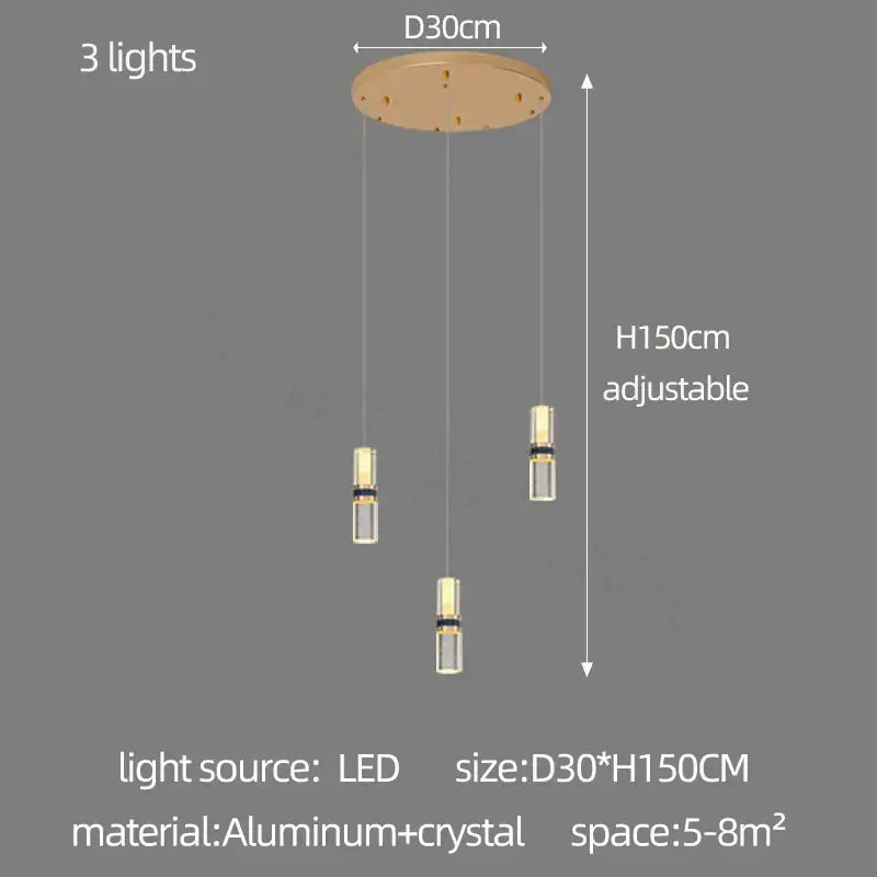 Modern crystal columnar chandelier stair lamp with three cylindrical LED bulbs, clear crystal accents, and aluminum mount