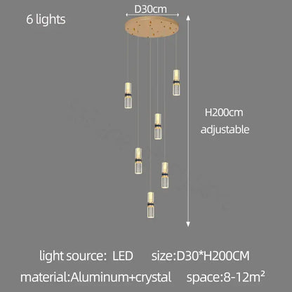 Modern crystal columnar chandelier stair lamp with adjustable aluminum base and six crystal-encased led lights