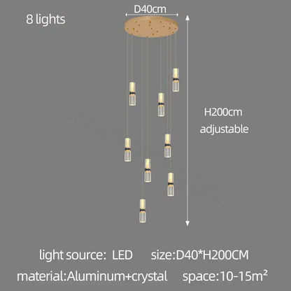 Modern crystal columnar chandelier stair lamp with eight led lights and clear crystal pendants on aluminum mount
