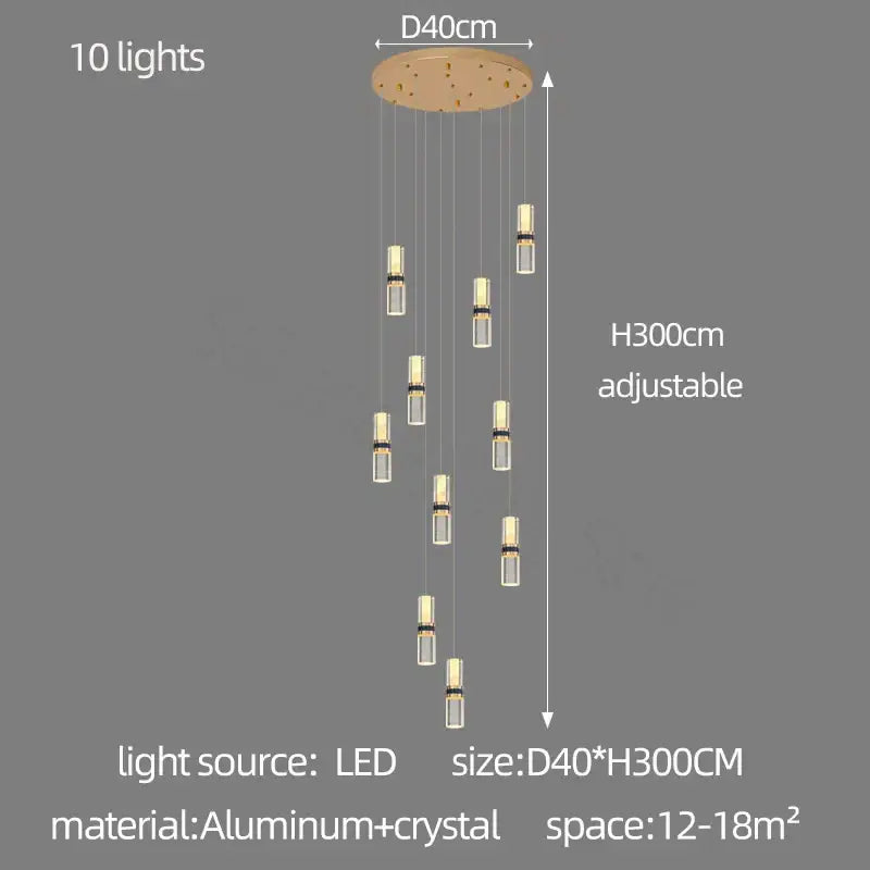 Modern crystal columnar chandelier with ten led lights and circular aluminum mount featuring crystal-encased bulbs