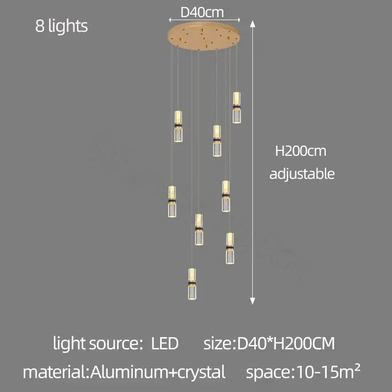 Modern crystal columnar chandelier with eight led lights clear crystal pendants and circular aluminum mount by decorbites