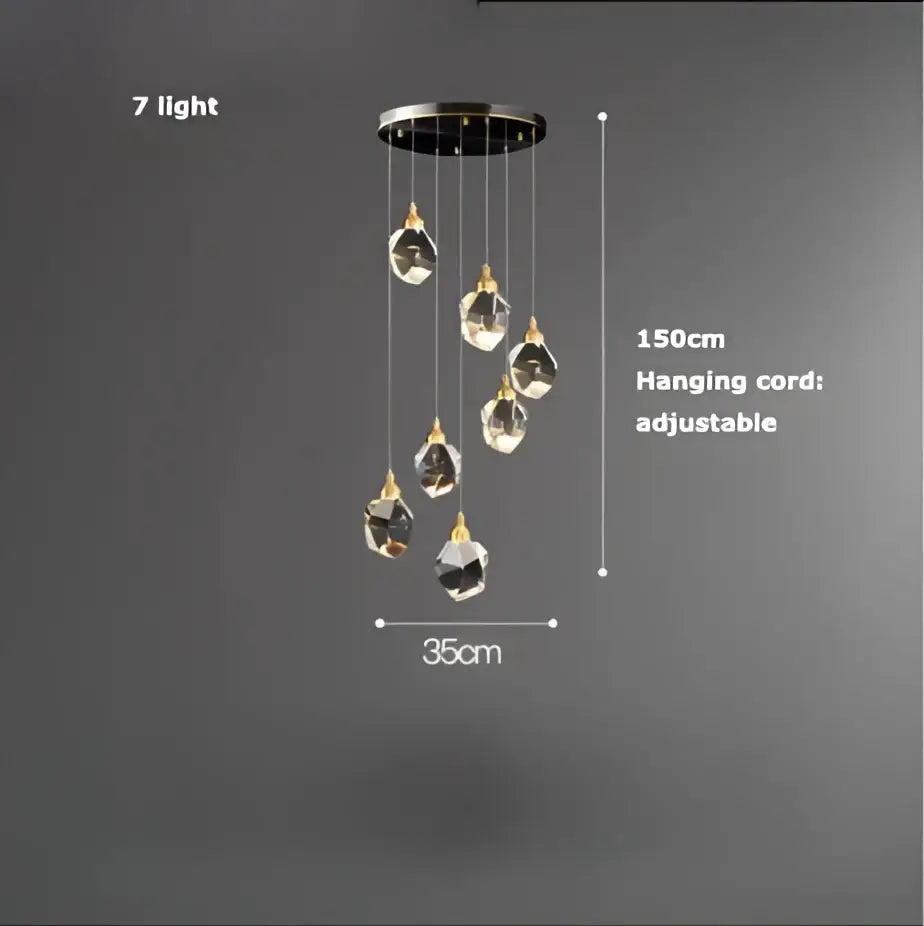 Modern crystal copper black led chandelier with seven faceted glass pendants on a sleek circular mount for dining room decorbites crystal copper