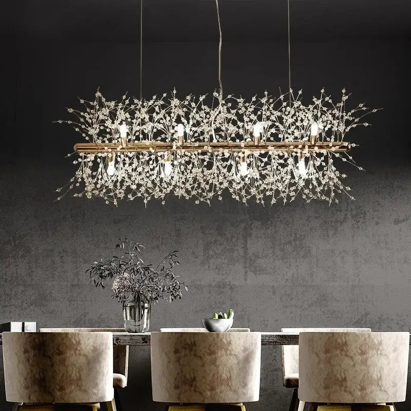 Modern crystal dandelion chandelier led hanging light with gold-toned metal frame and intricate crystal branches decorbites dandelion chandelier