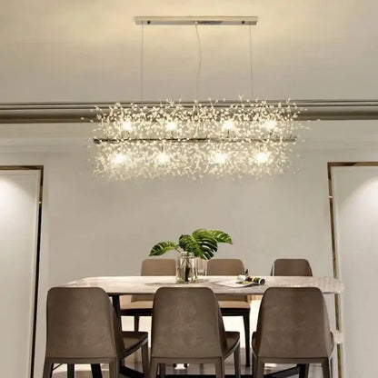 A modern crystal dandelion chandelier led hanging light with a sleek metallic frame and clear crystals for dining room decorbites