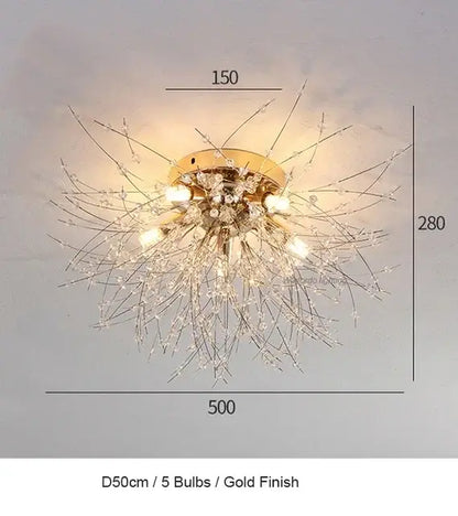 Gold-finished modern crystal dandelion chandelier led pendant lamp with five bulbs and delicate crystal strands for dining room decor