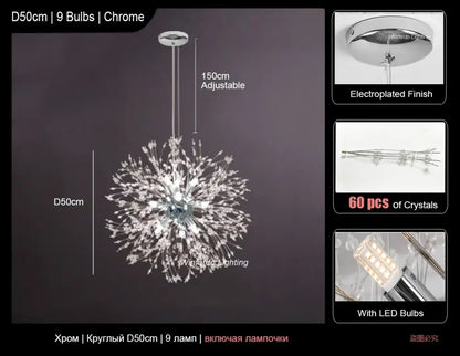 Modern crystal decorbites dandelion led ceiling chandelier with chrome finish 9 led bulbs and 60 sparkling crystals