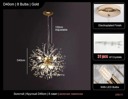 Modern crystal dandelion led ceiling chandelier with 31 crystals and eight led bulbs in gold decorbites dandelion led design