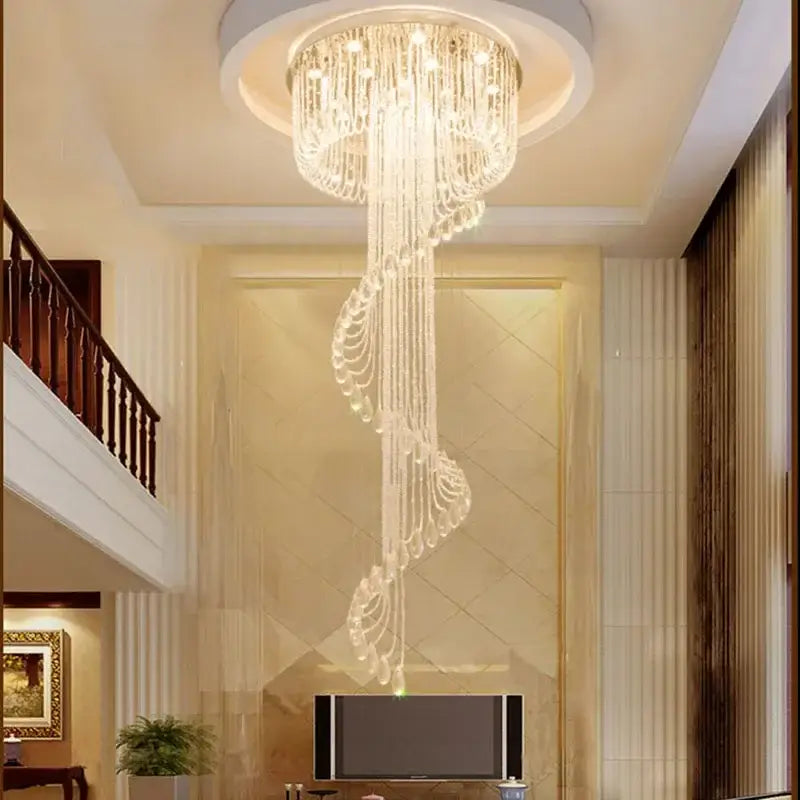 Modern crystal double spiral staircase chandelier with cascading crystal strands and warm light for living room