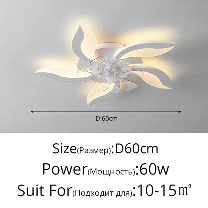 Modern white ceiling fan lights with translucent flower petals and central crystal embellishment for bedroom use