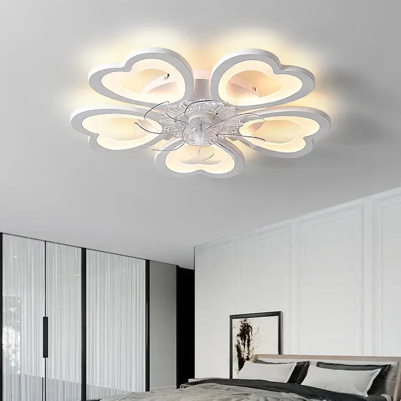 Modern crystal flower ceiling fan lights with five-petal silver frame and warm white dimmable led illumination for bedroom