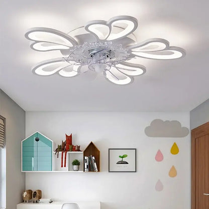 A modern white led ceiling fan light with translucent petal arms and central crystal embellishment for bedroom use