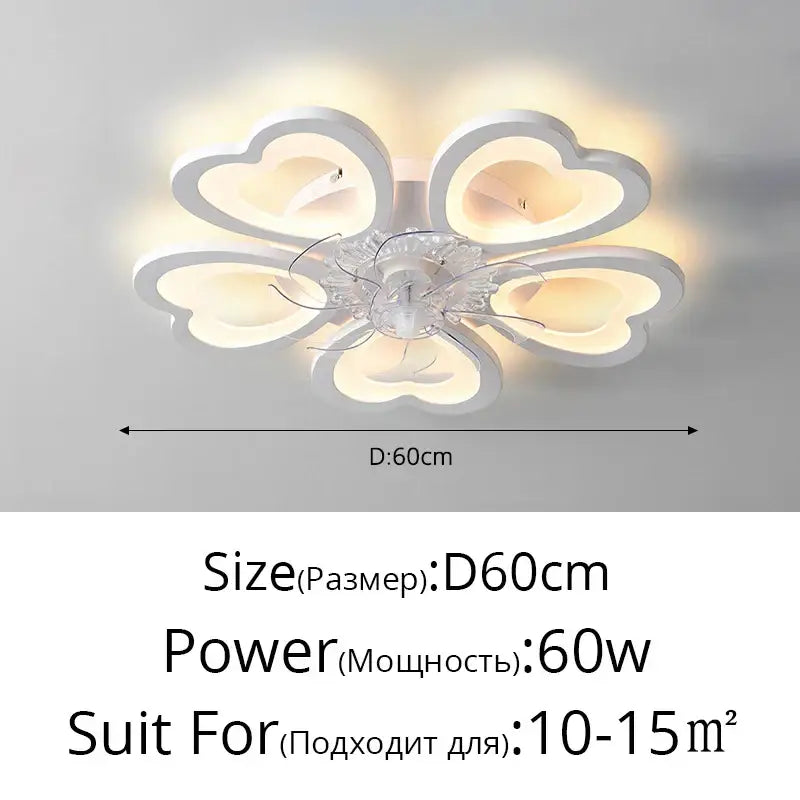 Modern white heart-shaped flower ceiling fan lights with central crystal accent dimmable for bedroom use