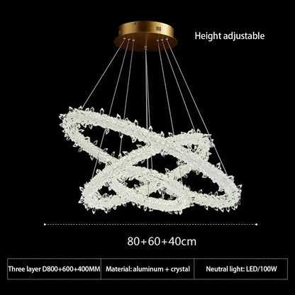 Modern crystal flower led chandelier with two interlocking crystal rings and gold-toned aluminum mount for dining room decorbites crystal flower
