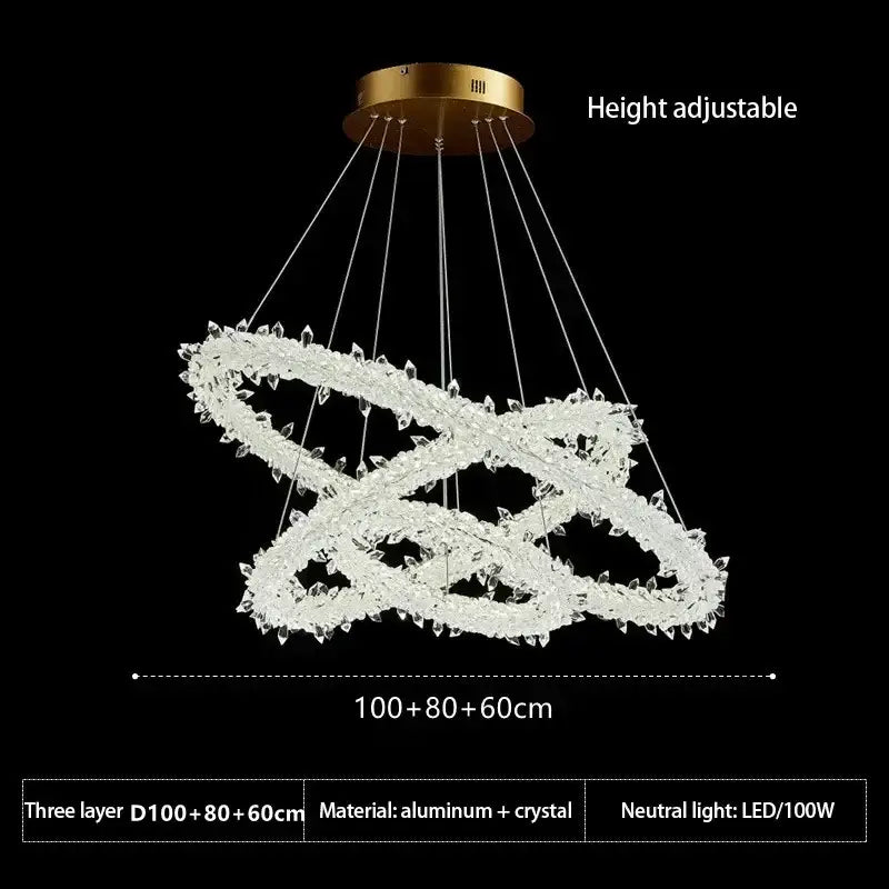 Modern crystal flower led chandelier with three layered intertwined rings and gold toned ceiling mount for living room decorbites crystal flower