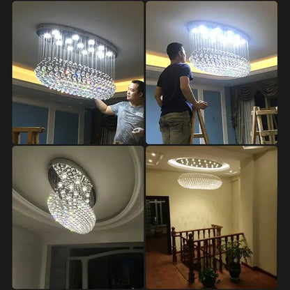 Modern crystal flush mount living room oval lighting fixture with cascading clear and iridescent glass beads decorbites crystal flush