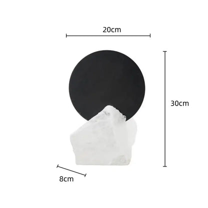 Minimalist black circular wall-mounted plaque with white rough stone base modern crystal geometric metal sculpture bookends