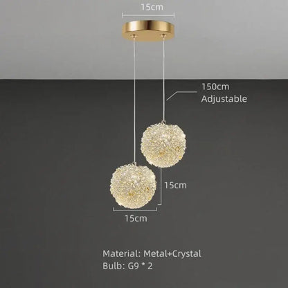 Modern crystal gold ceiling light 2 pack with gold-toned fixture and two 15cm spherical crystal pendants adjustable to 150cm