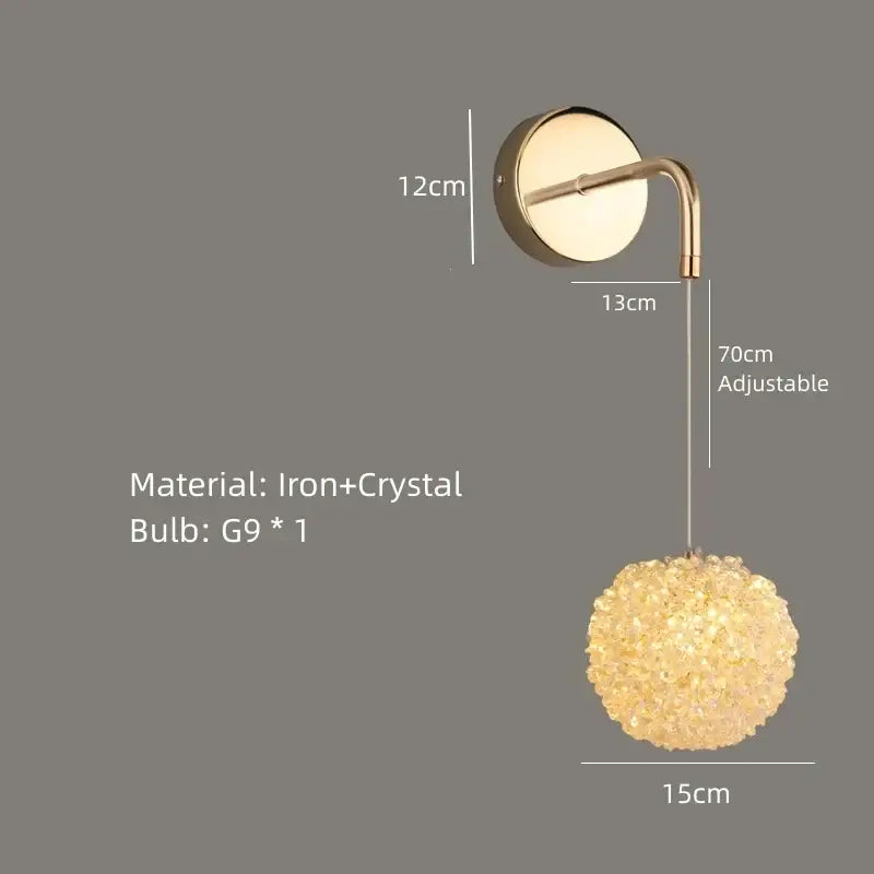 Modern crystal gold ceiling light 2 pack with golden sconce, curved iron arm, and warm glowing crystal pendant
