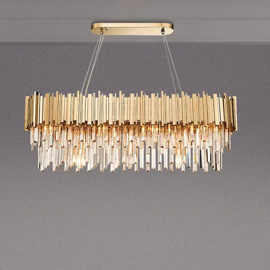 Gold-toned rectangular decorbites gold metal led pendant lights with cascading crystal prisms for dining room decor