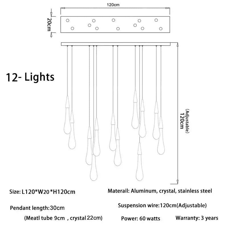 A modern crystal gold pendant 12-light chandelier with aluminum frame and teardrop pendants by decorbites pendant lights