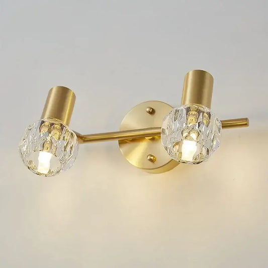 Modern crystal gold wall lamp with two crystal globe shades and gold-toned finish for bedroom decorbites crystal gold