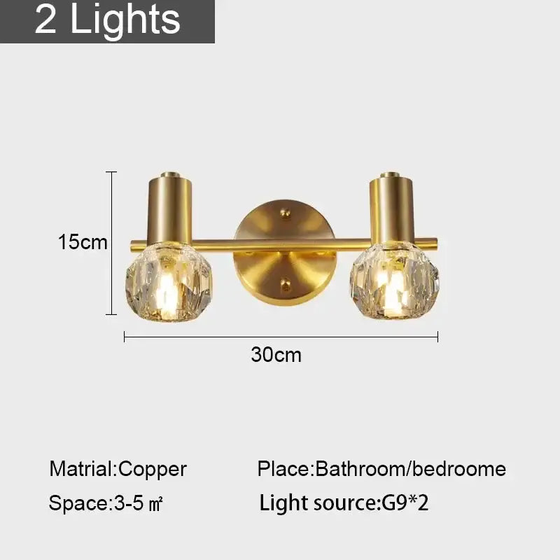 Modern crystal gold wall lamp with gold-toned copper body and two faceted crystal globe shades for bedroom decorbites crystal gold
