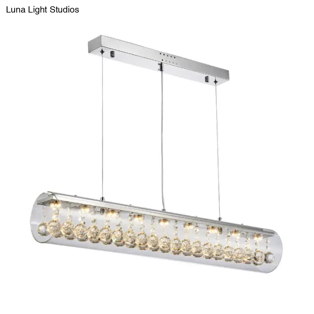 DecorBites™ chrome horizontal cylinder pendant light with clear glass and crystal ball accents for living room island