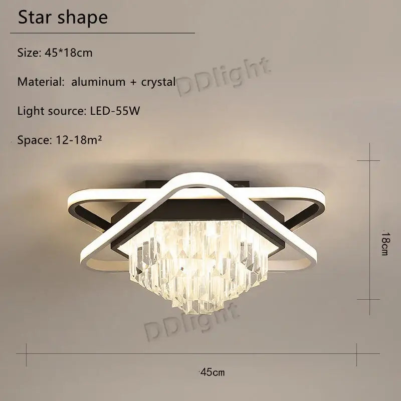 Modern crystal industrial pendant lamp with star-shaped aluminum frame and cascading crystals for living room lighting