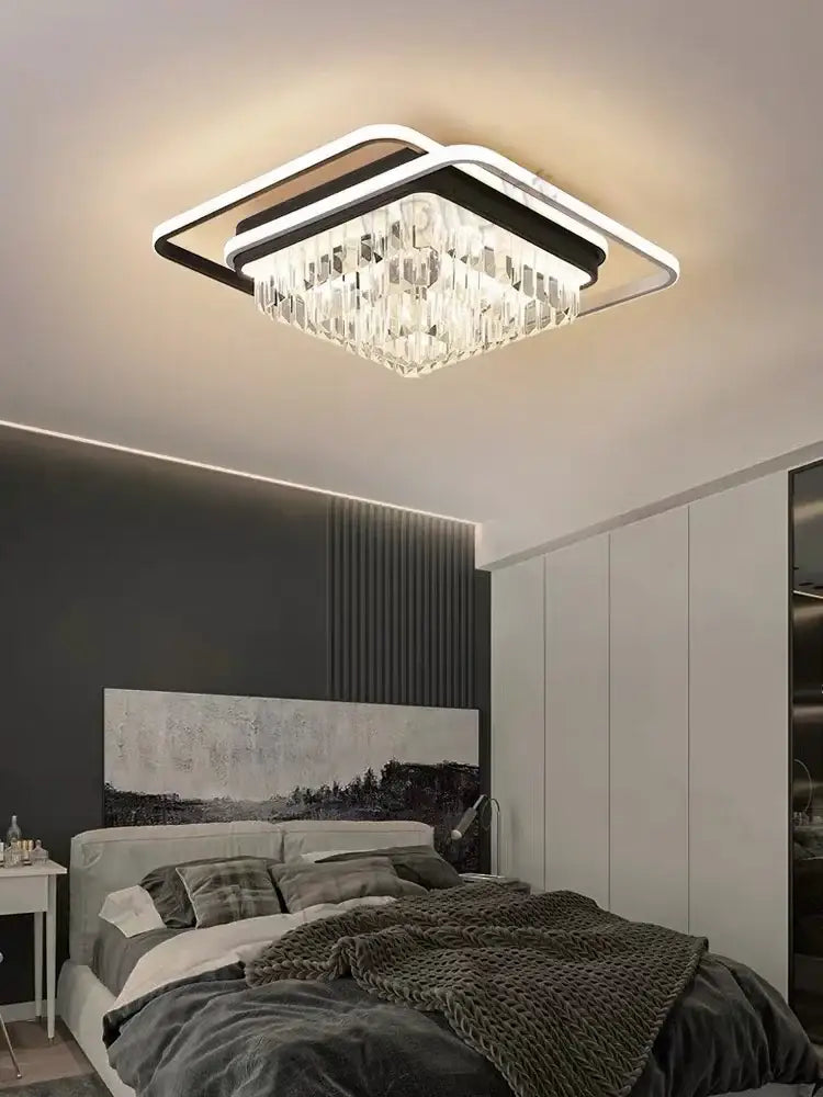 Modern crystal industrial pendant lamp with sleek black and white frame and cascading clear crystal prisms for living room decorbites pendant lamps