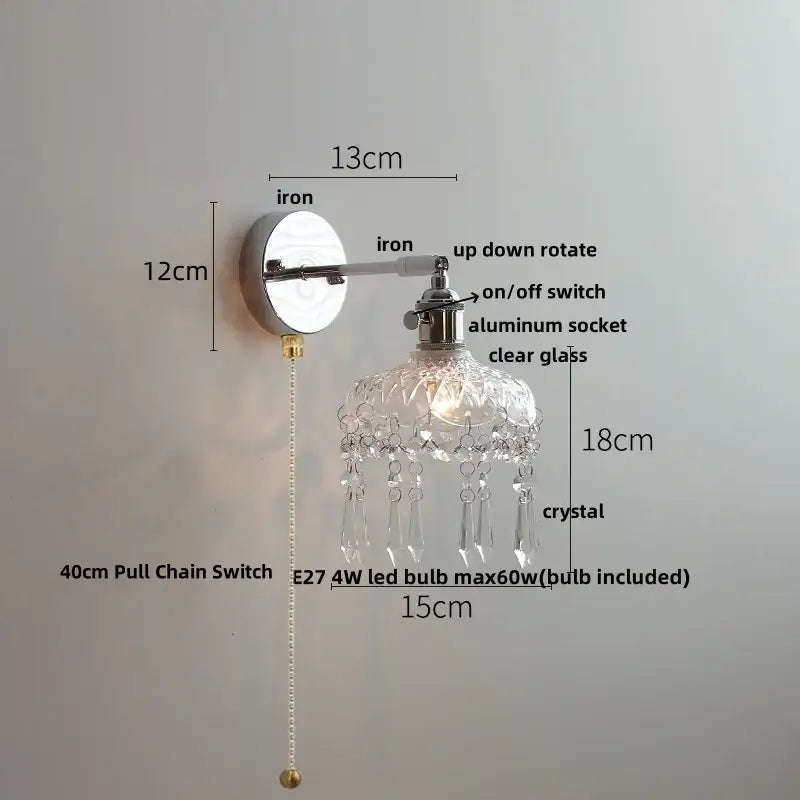 Modern crystal iron led wall light with polished iron base aluminum socket and clear glass shade with crystal droplets