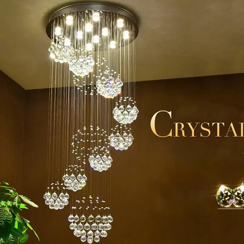 Modern crystal led chandelier with cascading clear faceted glass beads and black circular mount for large villa kitchen decorbites crystal led