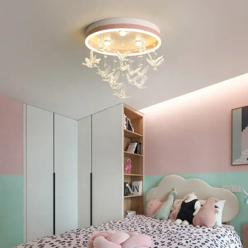 Modern crystal led chandelier round ceiling light with pink and white rim and clear crystal bird ornaments for bedroom