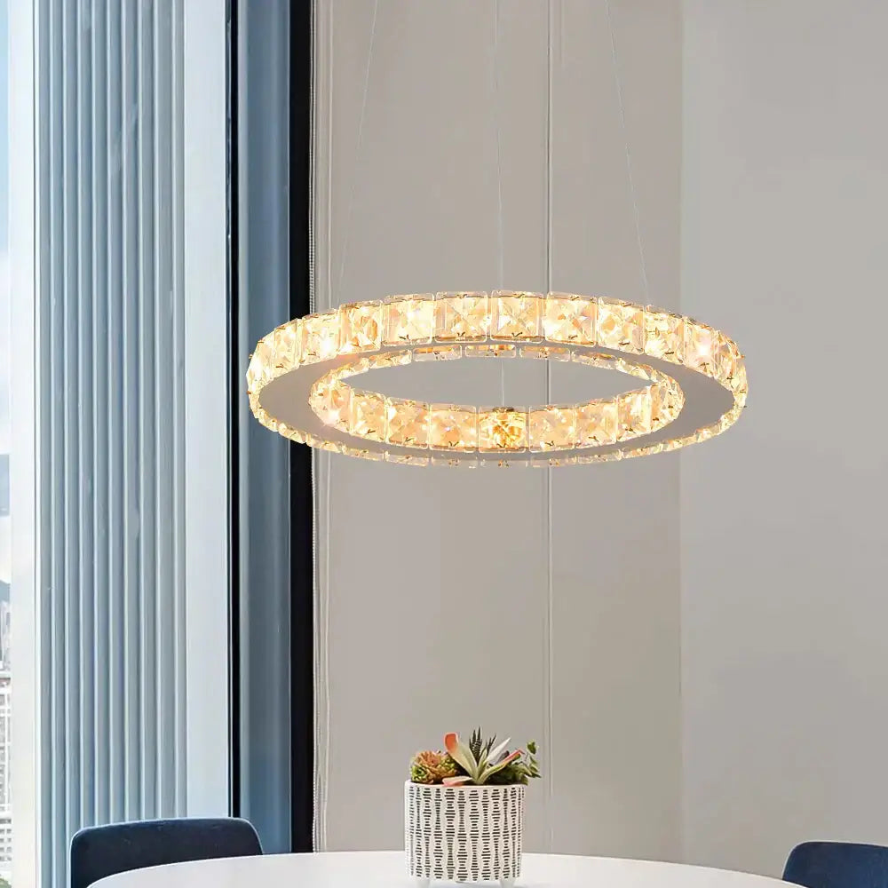 Modern crystal led pendant chandelier with double-ring faceted crystal design and warm led lighting for dining room decorbites crystal led