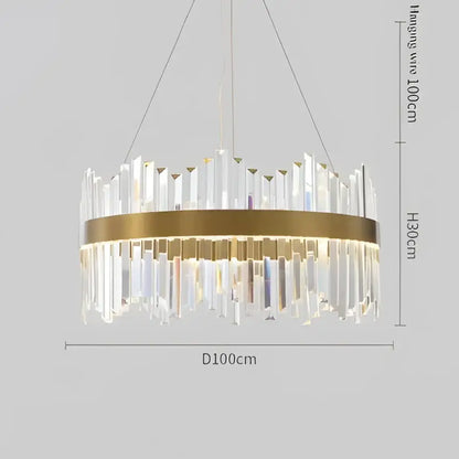 A modern luxury led ring chandelier with gold-toned frame and clear crystal prisms for living room decorbites crystal led